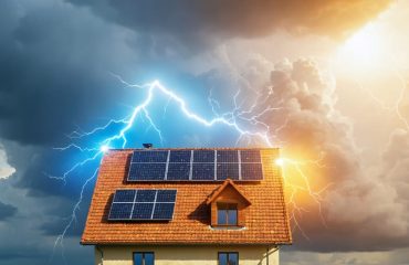 A conceptual depiction showing a house with solar panels protected by an invisible shield. The background contrasts stormy clouds with sunshine, symbolizing protection against environmental and financial risks.