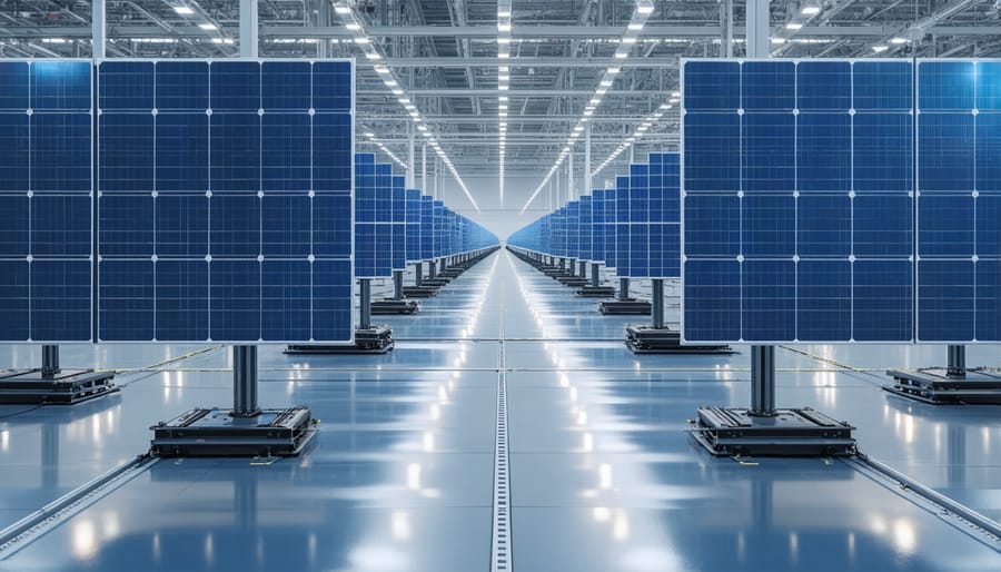 Interior view of a solar panel manufacturing facility with automated assembly lines