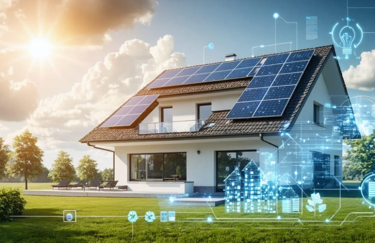 An illustration of a home with solar panels and energy flow graphics, showing continuous power supply despite changing weather conditions, representing the concept of solar microgrids.