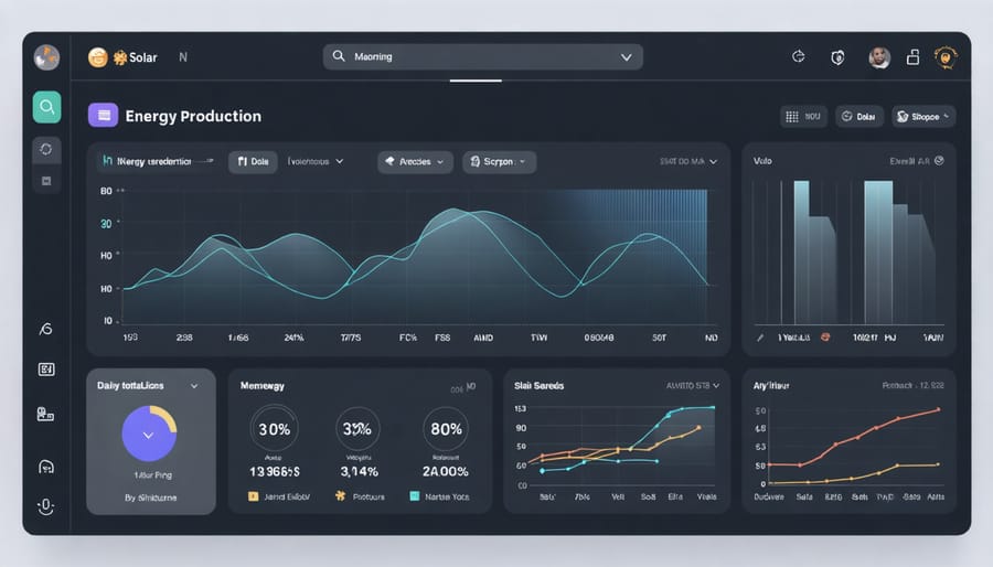 Solar panel monitoring application interface displaying performance data and charts