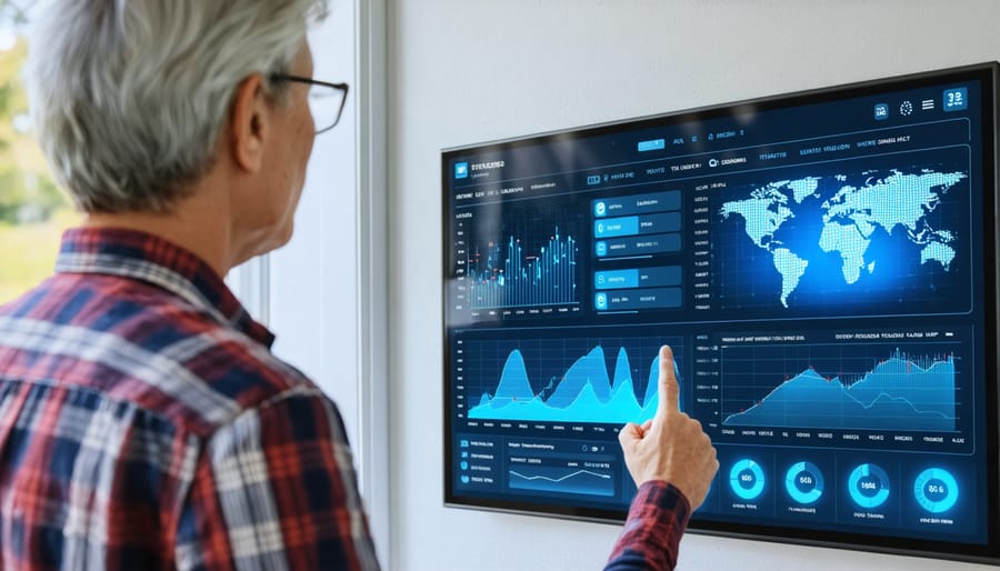 Person checking solar system performance metrics on a monitoring screen