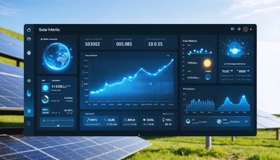 Digital display of solar panel monitoring system showing safety indicators and performance data