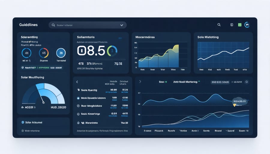 Smart monitoring system interface displaying real-time solar panel performance data and energy savings