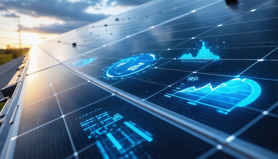 Interactive solar monitoring dashboard displaying energy production, efficiency metrics, and system health indicators