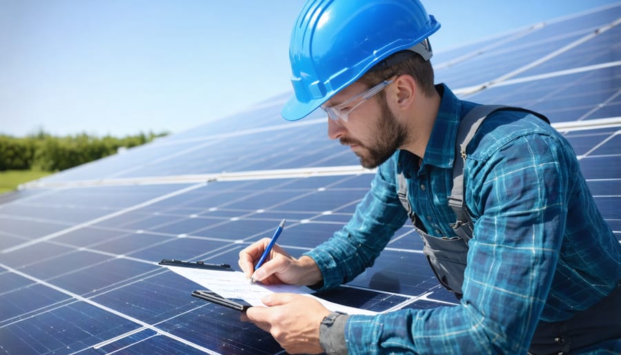 Person conducting monthly solar panel safety check using maintenance checklist