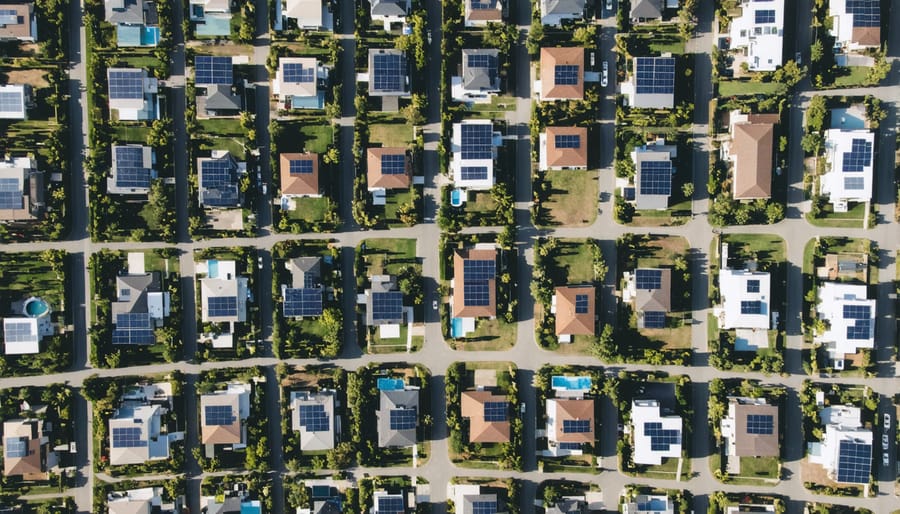 Bird's eye view of residential area showing numerous houses with rooftop solar panels