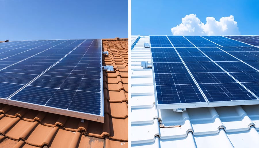 Side-by-side comparison showing visual differences between aged and modern solar panels