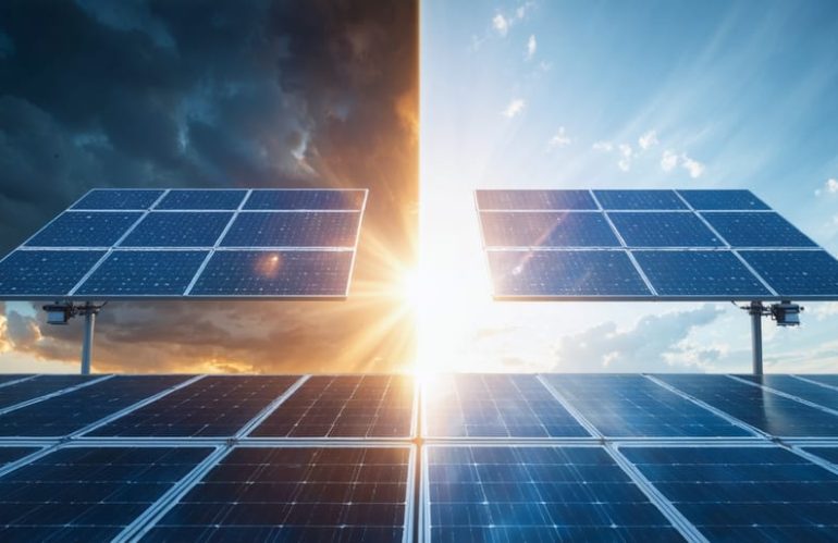 Conceptual illustration showing the manufacturing impact of solar panels on one side, with mining and emissions, and the clean energy benefits of solar panels generating renewable energy on the other side.