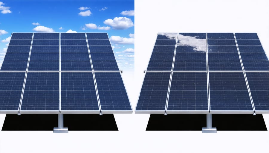 Side-by-side comparison demonstrating the efficiency difference between clean and dirty solar panels