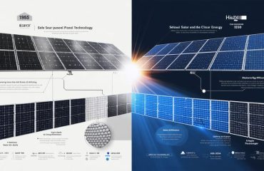 A creative representation of the evolution of solar panel technology, showing progression from 1950s bulky panels to modern sleek and efficient solar panels, highlighting advancements in efficiency and design.