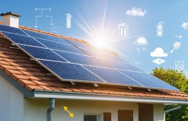 Solar panel installation on a residential roof with symbolic safety icons overlayed, illustrating fire prevention and emergency response measures.