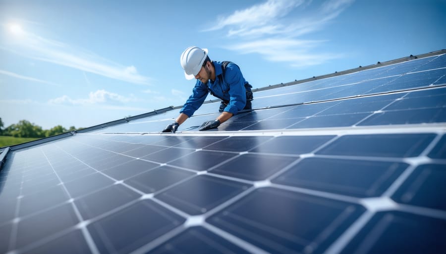 Technician inspecting solar panels on a residential rooftop for maintenance