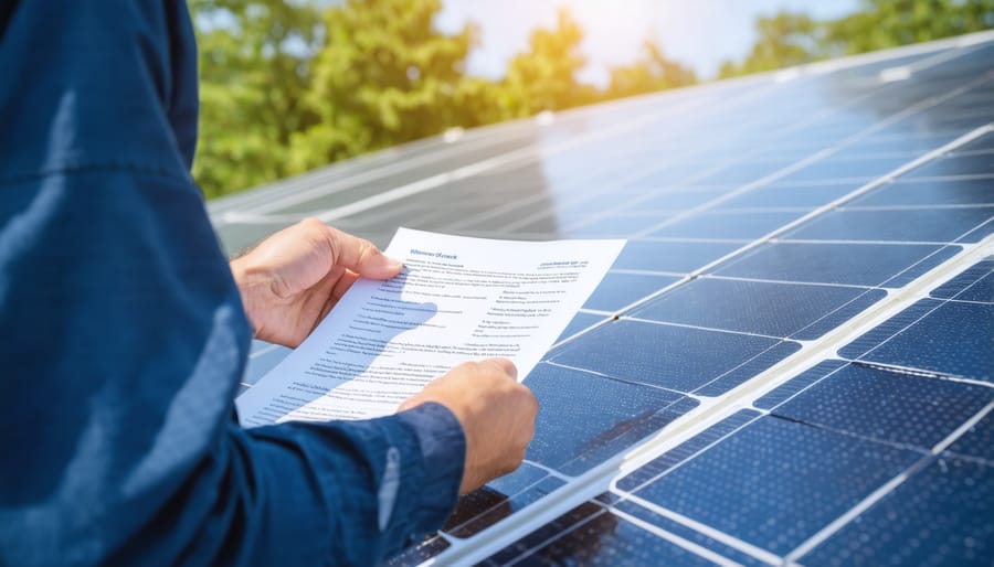 Solar panel technician conducting inspection while reviewing insurance paperwork