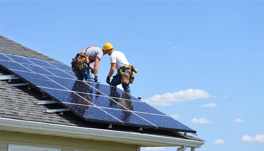 Solar panel installation team working on a suburban home roof