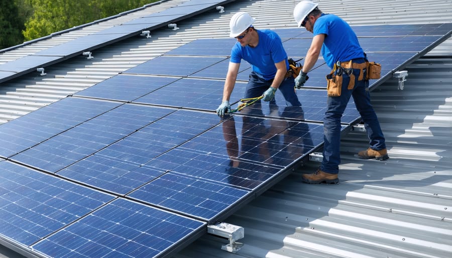 Professional solar installers securing panels to mounting rails on a residential roof