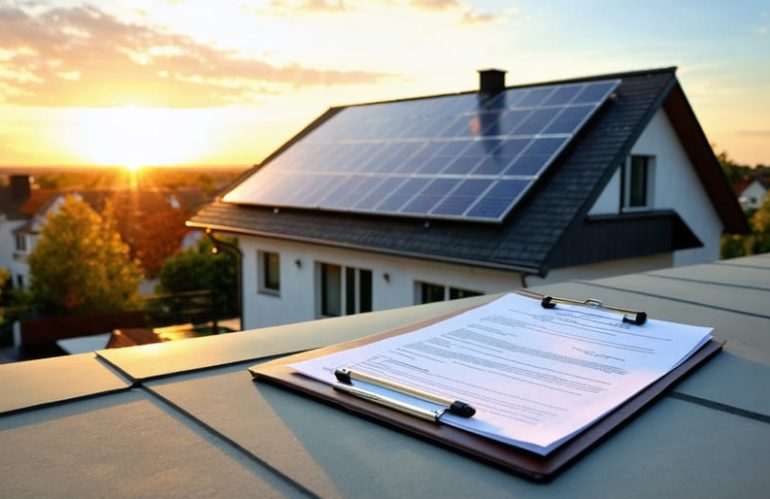 Modern home with solar panels under a warm sunset, representing sustainable energy investment, with a focus on insurance and protection.