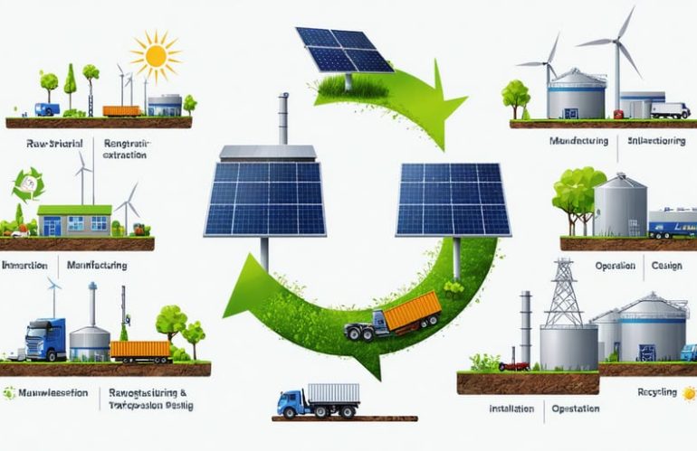 Conceptual illustration showing the complete life cycle of a solar panel, from raw material extraction to recycling, highlighting sustainability and renewable energy.