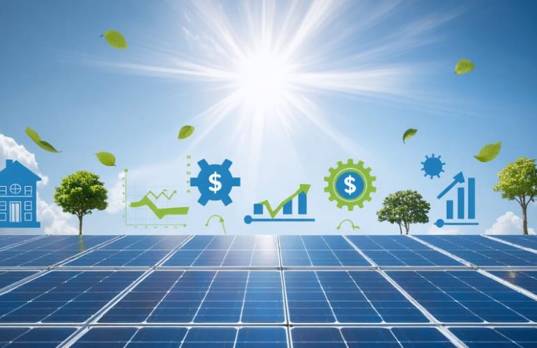 Conceptual depiction of solar panel lifecycle showcasing stages from installation to savings, with sun and economic symbols illustrating the investment journey.