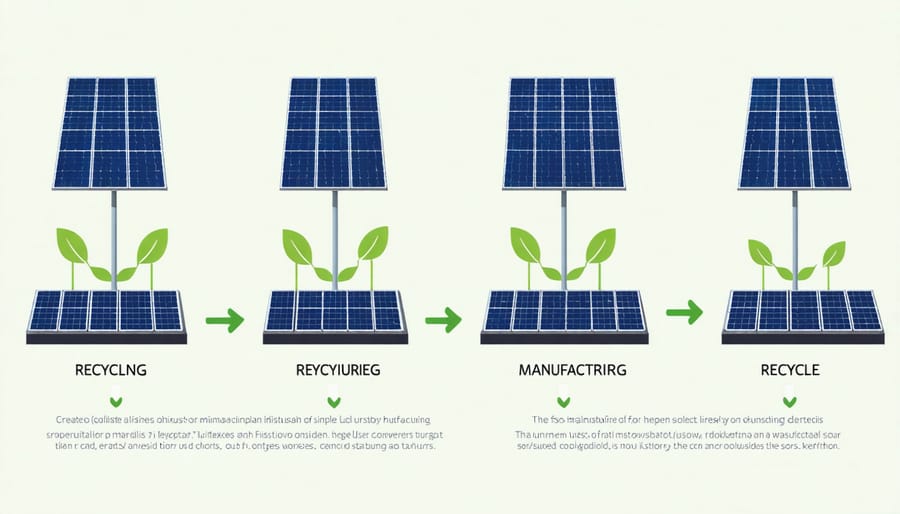 Step-by-step visualization of solar panel lifecycle including production, use, and recycling stages