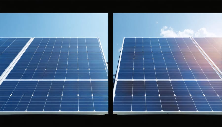 Side-by-side comparison of clean, well-maintained solar panel versus dirty, degraded panel with performance metrics