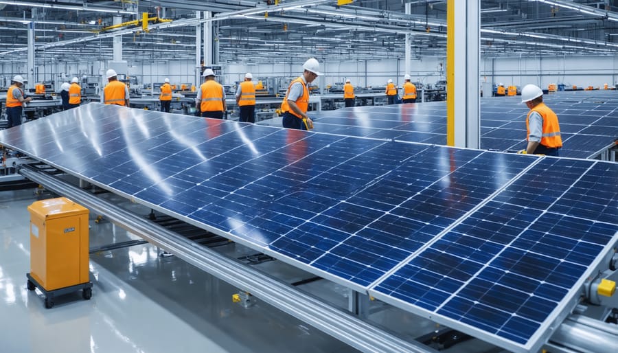 Modern solar panel production facility showing automated manufacturing process and quality control