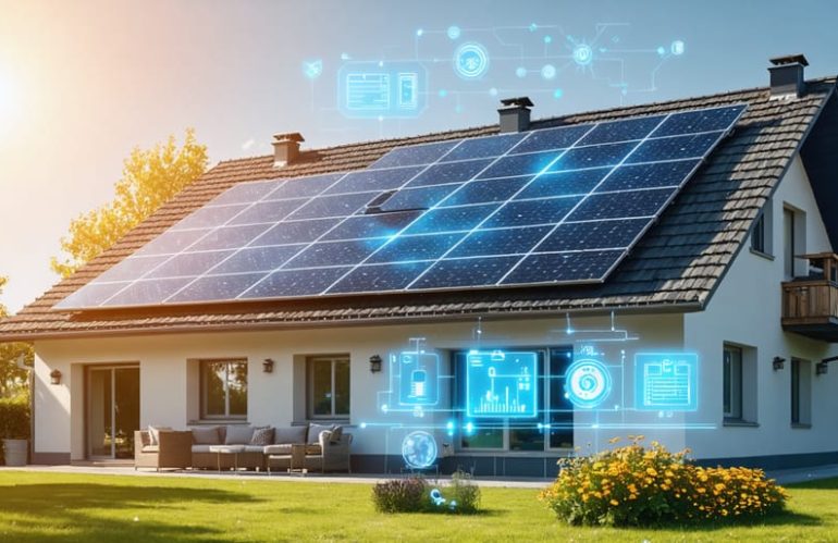 An illustration of a residential home with solar panels, highlighting optimal positioning, cleanliness, and smart monitoring, symbolizing efficient energy production and cost savings.