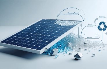 Conceptual illustration of a solar panel being recycled into silver, silicon, aluminum, and glass, highlighting the material recovery process and the theme of sustainability.