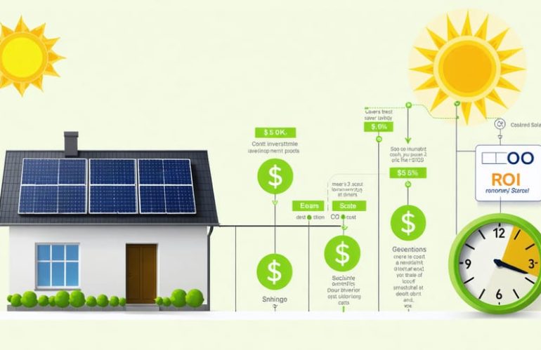 A conceptual infographic showing a house with solar panels, a balance of costs and savings, dollar signs, a timer, and sunshine, representing the calculation of solar panel ROI.