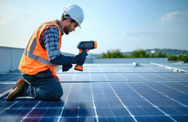 Professional technician using a thermal imaging camera to inspect and ensure the safety of rooftop solar panels, illustrating modern fire prevention measures.