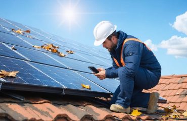 A homeowner inspects solar panels for debris, using a smartphone app for monitoring performance, with partial leaves and snow visible on the panel surface.