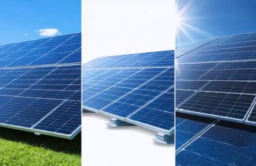 A comparative image showcasing the visual and structural differences between monocrystalline, polycrystalline, and thin-film solar panels, highlighting distinct features and efficiencies.