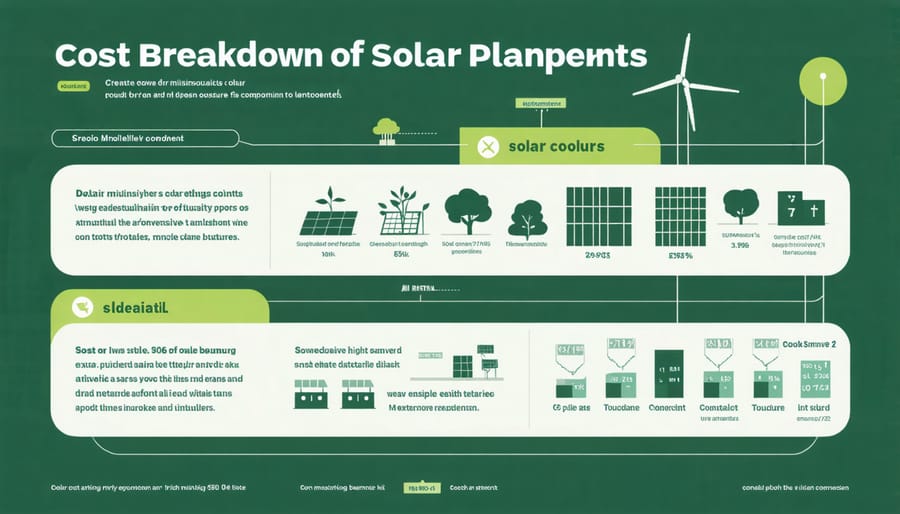 Visual breakdown of solar power plant investment costs including equipment, land, and installation