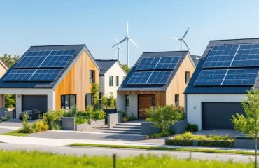 A sunny residential neighborhood with homes equipped with rooftop solar panels, surrounded by clear skies and green landscapes, highlighting the environmental benefits of solar energy integration.