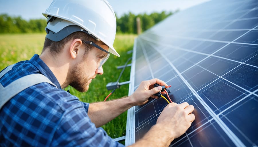 Certified solar technician performing safety inspection of solar panel electrical connections