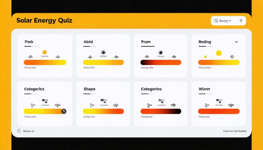 Interactive solar energy quiz interface with category buttons and score counter