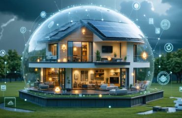 Conceptual illustration of a home surrounded by a protective bubble made of solar panels and energy symbols, representing an energy-independent resiliency zone during a grid failure, with stormy weather in the background.