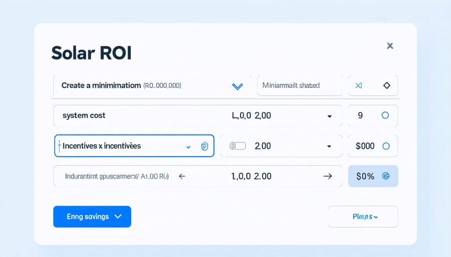 Interactive solar ROI calculator interface showing formula components