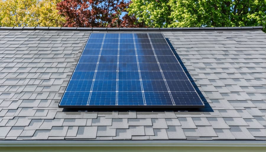 Modern home with integrated solar roof tiles that match traditional shingles