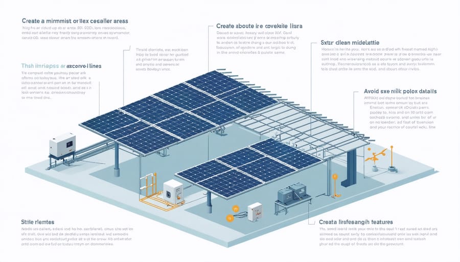 Infographic of solar panel system components highlighting potential fire risk areas and safety measures