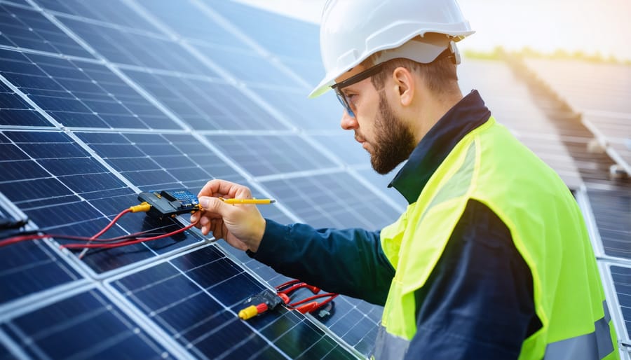 Solar technician performing safety inspection of rooftop solar installation