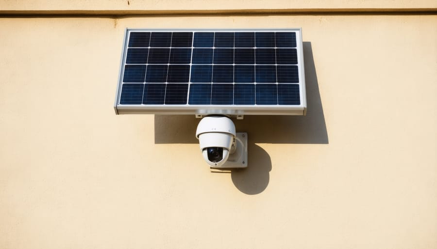 Wireless security camera with attached solar panel mounted on home exterior