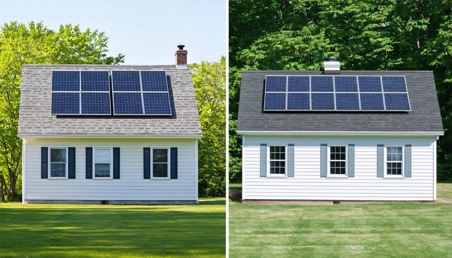 Split image showing a house with integrated solar shingles on the left and traditional mounted solar panels on the right