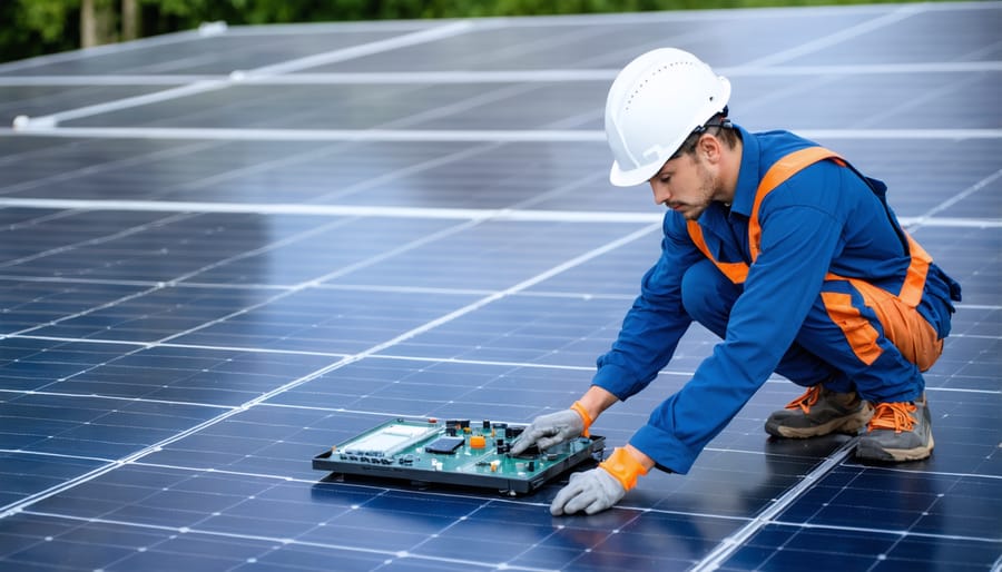 Technician installing smart home solar monitoring equipment