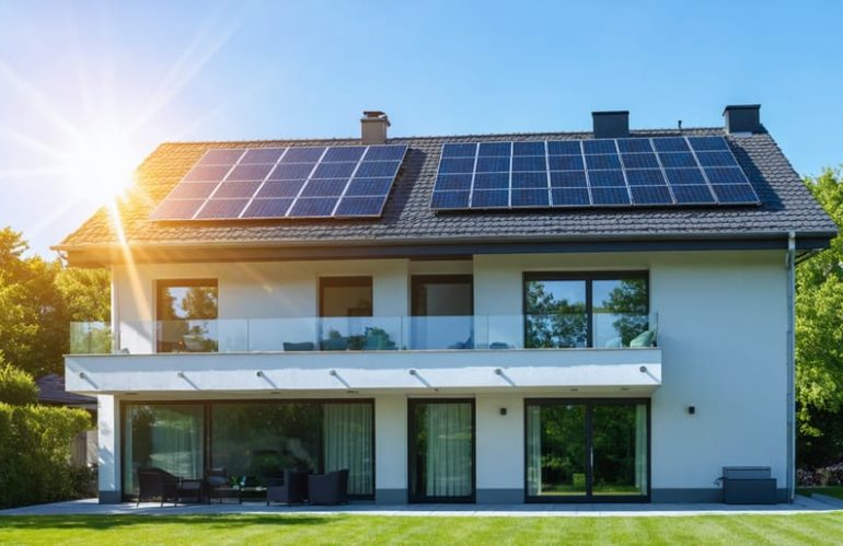 "Illustration of a split house roof with solar shingles and traditional solar panels under a bright sun, highlighting the aesthetic and functional differences between the two solar technologies."