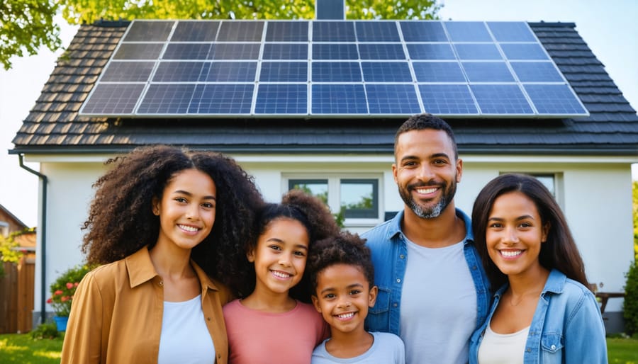 Happy family of four outside their solar-powered single-story home