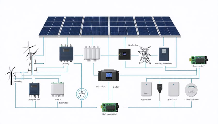 Detailed diagram of residential solar system components including panels, batteries, and smart monitoring