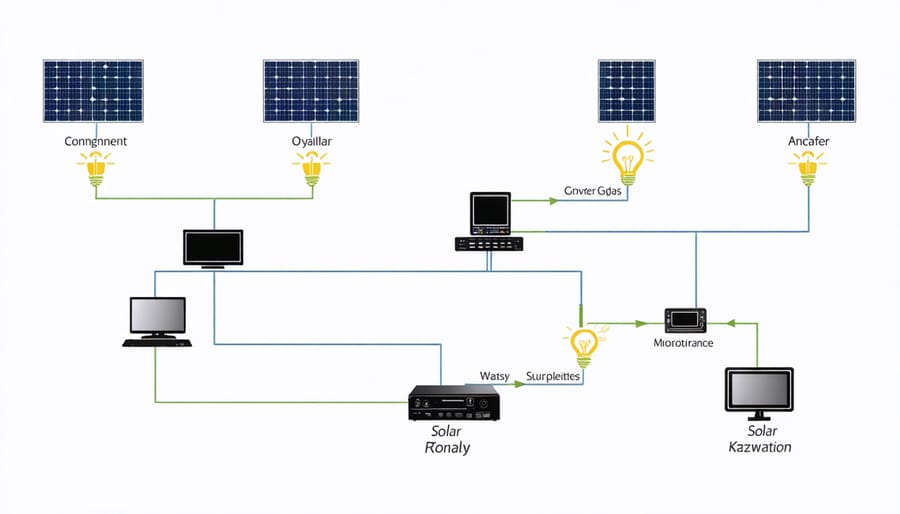 Technical diagram illustrating connections between solar panels, batteries, inverters, and home electrical system