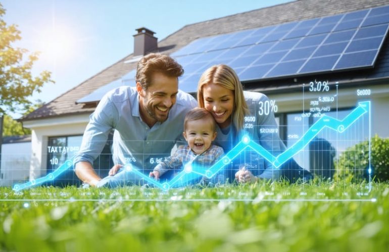 A family enjoying a sunny day outside their modern home with solar panels, featuring a graphic element of a 30% tax credit to highlight financial savings through solar incentives.