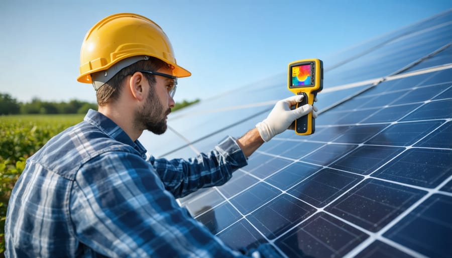 Solar technician using thermal imaging equipment to inspect rooftop solar panels for fire risks