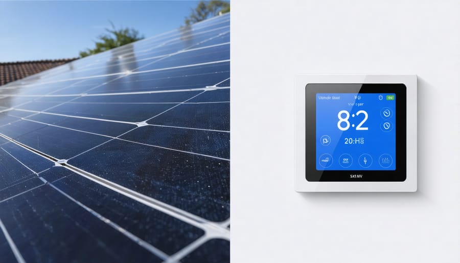 Solar panel system connected to smart thermostat showing real-time energy monitoring display